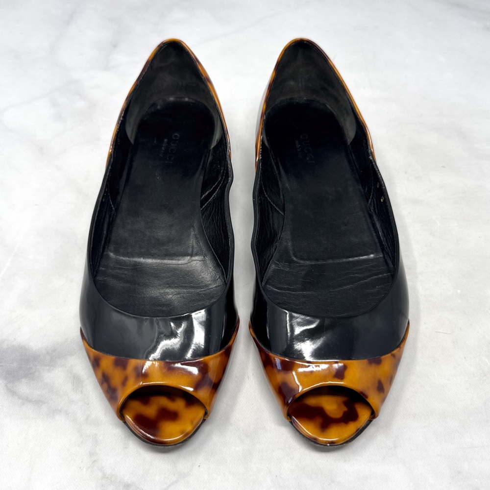 GUCCI Tom Ford Vintage Y2K Tortoise Patent Leather Open Toe Flat Ballerina Shoes